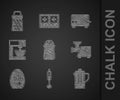 Set Salt, Blender, Teapot, Kitchen meat grinder, timer, Electric mixer, Toaster and Grater icon. Vector