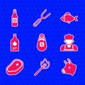 Set Salt, Burning match with fire, Cow head, Cook, Steak meat, Tabasco sauce, Fish and Beer bottle icon. Vector