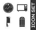 Set Salt, Cutting board, Meat chopper and Microwave oven icon. Vector