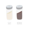 Set of salt and pepper transparent glass shakers with perforated metal cap. Isolated on a white background. Vector illustration Royalty Free Stock Photo