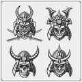 Set of samurai warrior masks. Japanese warrior emblems, labels, badges and design elements. Print design fo