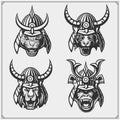 Set of samurai warrior masks with wild animals. Japanese warrior emblems and design elements.