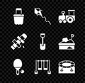 Set Sand in bucket, Kite, Toy train, Racket ball, Double swing, Jumping trampoline, Hopscotch and Shovel toy icon