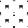 Set Sand in bucket, Shovel toy and Bench on seamless pattern. Vector Royalty Free Stock Photo