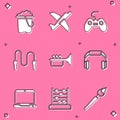 Set Sand in bucket, Toy plane, Gamepad, Jump rope, Trumpet, Headphones, Laptop and Abacus icon. Vector Royalty Free Stock Photo