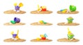 Set of sand piles with different plastic toys on white background. Royalty Free Stock Photo