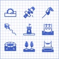 Set Sand tower, Forest, Bungee, Gymnastic rings, Jumping trampoline, Kite, Toy horse and Ferris wheel icon. Vector