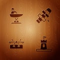 Set Sand tower, Swing boat, Seesaw and Hopscotch on wooden background. Vector