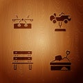 Set Sandbox with sand, Seesaw, Bench and Swing car on wooden background. Vector