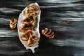 Set Sandwiches with cheese, fresh figs, walnuts and honey on rustic shale board. top view. Breakfast, lunch food photo. flat top Royalty Free Stock Photo
