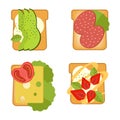Set of sandwiches with different ingredients. Toast with avocado, salami, cheese, salmon, berries, strawberry, fig. Healthy food. Royalty Free Stock Photo