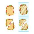 Set of sandwiches top view with tomato, onion, salad, cheese isolated on white background. Sandwich triangle and Royalty Free Stock Photo