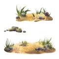 Set of Sandy ground with small rocks background. Watercolor illustration. Hand drawn natural rocks, grass and sand Royalty Free Stock Photo