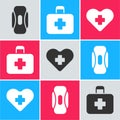 Set Sanitary napkin, First aid kit and Heart with a cross icon. Vector