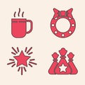 Set Santa Claus bag gift, Coffee cup, Christmas wreath and Christmas star icon. Vector