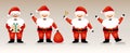 Set of Santa Claus. Happy Santa with a gift, bag with presents, waving, and bell. For new year cards, banners, headers, posters. Royalty Free Stock Photo