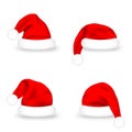 Set of Santa Claus hats. Realistic red Santa Claus caps on white background. Cute Christmas Santa hat for costume and mask, design Royalty Free Stock Photo