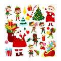 Set of Santa Claus, Mrs. Santa Claus, elves, Christmas trees and lollipops in cartoon style isolated on white background. Royalty Free Stock Photo