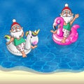 Set Santa Clauses with Flamingo and Unicorn inflatable float in front of sandy beach - summer vacation