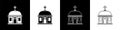 Set Santorini building icon isolated on black and white background. Traditional Greek white houses with blue roofs