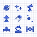 Set Satellite, Astronaut, Cosmic ship, Solar system, UFO flying spaceship, Telescope and Planet icon. Vector Royalty Free Stock Photo