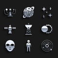Set Satellite dish, Alien, Solar system, Eclipse of the sun, Falling stars and icon. Vector Royalty Free Stock Photo