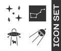 Set Satellite, Falling stars, UFO abducts cow and Great Bear constellation icon. Vector Royalty Free Stock Photo