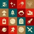 Set Satellite, Rocket ship with fire, Astronaut helmet, UFO flying spaceship, Earth globe and icon. Vector