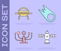 Set Satellite, UFO flying spaceship, Solar system and Comet falling down fast icon. Vector
