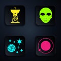 Set Satellites orbiting the planet Earth, Satellite dish, Space and planet and Alien. Black square button. Vector