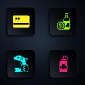 Set Sauce bottle, Credit card, Price tag for fish and Wine. Black square button. Vector