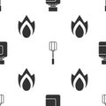 Set Sauce bottle, Spatula and Fire flame on seamless pattern. Vector Royalty Free Stock Photo