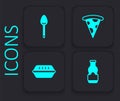 Set Sauce bottle, Spoon, Slice of pizza and Lunch box icon. Black square button. Vector