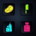 Set Sauce bottle, Steak meat, Sauce bottle and Meat chopper. Black square button. Vector