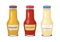 Set of sauces in glass bottles. Vector illustration of mayonnaise, ketchup and mustard Royalty Free Stock Photo