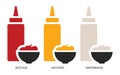 A set of sauces icons. Three main types of sauce. Ketchup, mayonnaise and mustard.