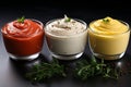 A set of sauces - ketchup mayonnaise and mustard