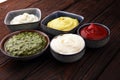 Set of sauces - ketchup, mayonnaise, mustard bbq sauce, pesto, m