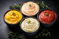 A set of sauces - ketchup mayonnaise and mustard on a bowl Royalty Free Stock Photo