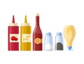 Set of sauces, spices and condiments, in different realistic bottles. Royalty Free Stock Photo