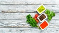 Set sauces and spices. On a wooden background. Royalty Free Stock Photo
