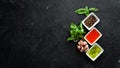 Set sauces and spices. On a wooden background. Top view. Royalty Free Stock Photo