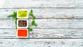 Set sauces and spices. On a wooden background. Top view. Royalty Free Stock Photo