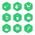 Set Sauna bucket, Bar of soap, Hairbrush, Cup tea, Bottle vodka, Shower, Towel on hanger and ladle icon. Vector Royalty Free Stock Photo