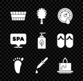 Set Sauna bucket, broom, thermometer, Foot massage, Pipette, Aroma candle, Spa salon and Essential oil bottle icon