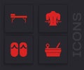 Set Sauna bucket and ladle, Massage table, and Flip flops icon. Vector