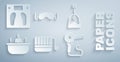 Set Sauna bucket and ladle, Tea bag, Bathtub, Hair dryer, Eye sleep mask and Bathroom scales icon. Vector Royalty Free Stock Photo