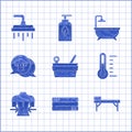 Set Sauna bucket and ladle, Towel stack, Massage table, thermometer, Bathtub and Shower head icon. Vector Royalty Free Stock Photo