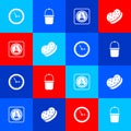 Set Sauna clock, bucket, thermometer and Bath sponge icon. Vector