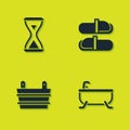 Set Sauna hourglass, Bathtub, bucket and slippers icon. Vector